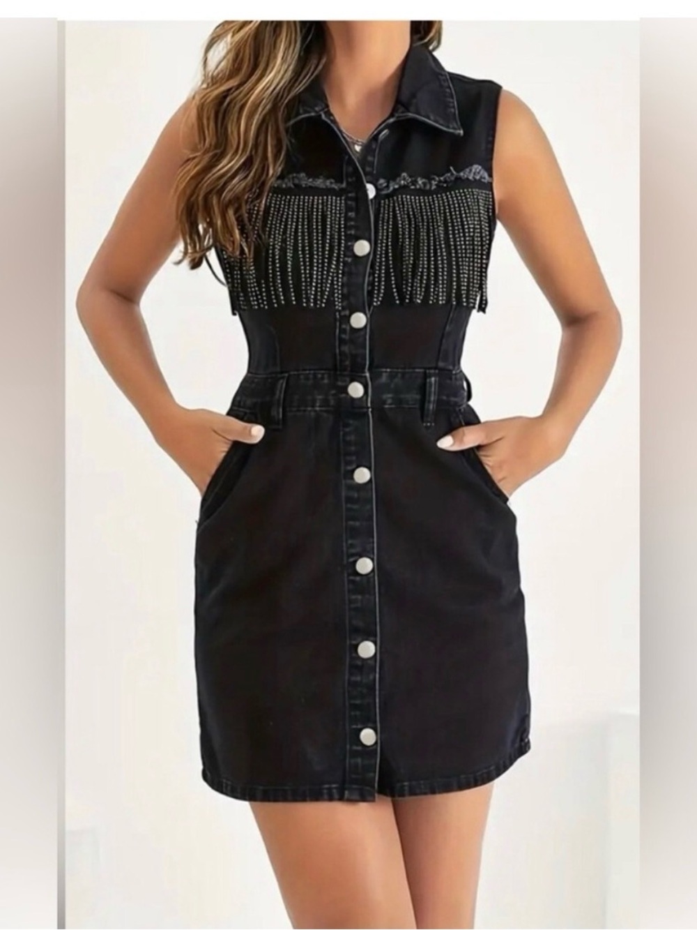 Sleeveless Black Denim Button-Front Dress with Fringe Detail